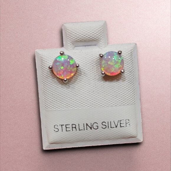 925 Sterling Silver Fairy Dust Pink Opal Circular Stone Stud Earrings - Picture 1 of 2
